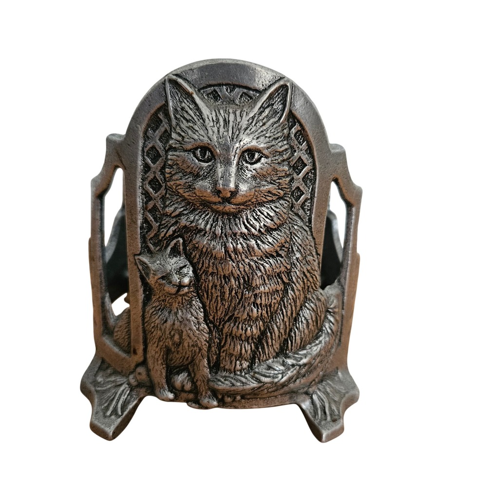 Silver Pewter Tone Cast Metal Cat and Kitten Jar Candle Holder Sleeve Pedestal